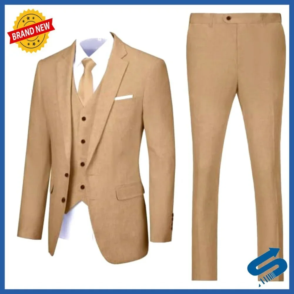 Slim Fit Linen Suit 3-Piece Set for Prom Wedding Business Formal Occasions